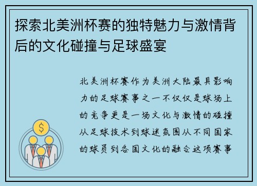探索北美洲杯赛的独特魅力与激情背后的文化碰撞与足球盛宴